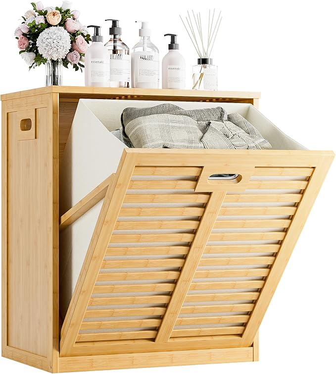 HITNET Tilt Out Laundry Hamper, Bamboo Laundry Cabinet with Hidden Removable Basket, Freestanding Clothes Storage organizer for Bedroom, Bathroom, Living Room, Natural