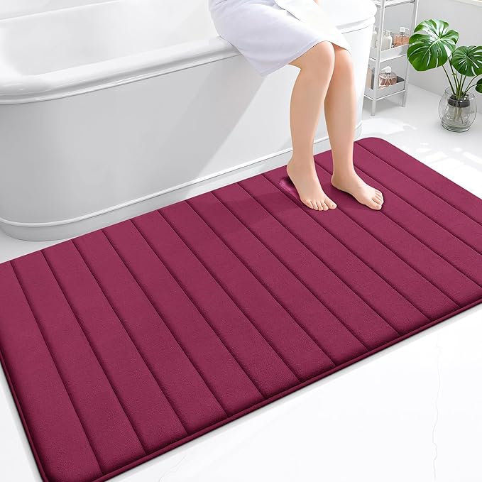 OLANLY Memory Foam Bath Mat 59x35, Super Soft Absorbent Bathroom Rugs, Quick Dry, Machine Washable Shower Floor Rugs, Bathmat Carpet, Bathroom Home Decor Accessories, Burgundy