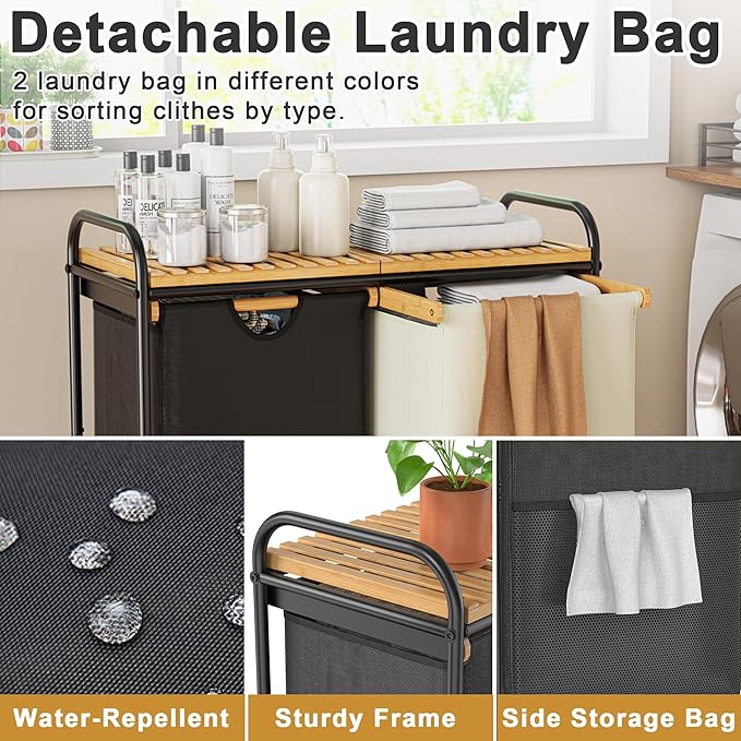 BambooHomie Laundry Sorter 2 Section, Laundry Hampers with Removable Shelf and Pull-Out Bags, Rolling Cart Clothes Hampers Basket with Wheels for Laundry Room Bathroom, 2 x 46 L