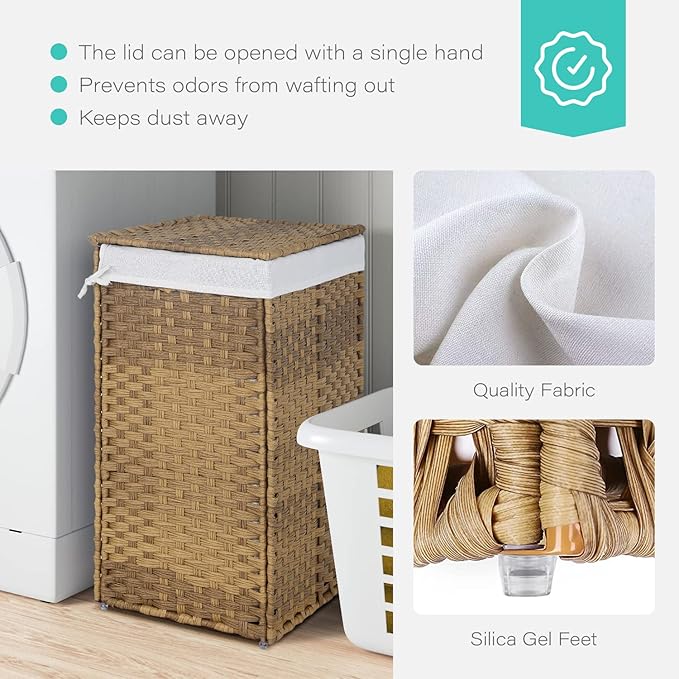 Paylesshere Laundry Basket Handwoven Laundry Hamper 90L/110L Foldable Rattan Hamper With Lid, 2 Removable Liner Bags & 6 Bags,Clothes Bathroom Basket,Natural