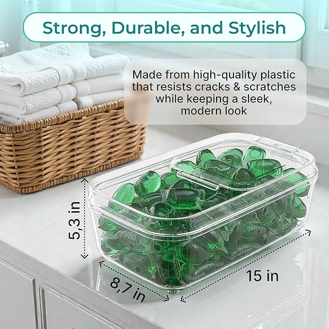 Skywin TidyFriend XL Laundry Pods Container with Lift Up Lid, 15" x 8.7" x 5.3" (Holds 150-200 Pods), Airtight Storage Keeps Pods Fresh, Laundry Detergent Container & Dishwasher Pod Holder (Clear)