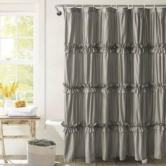 Farmhouse Ruffle Shower Curtain with Handmade Ruched, Vintage Ruffled Fabric Bathroom Curtains, Decorative Elegant Bathroom Curtain with 12 Holes, Gray, 72" W x 72" H(N60049)
