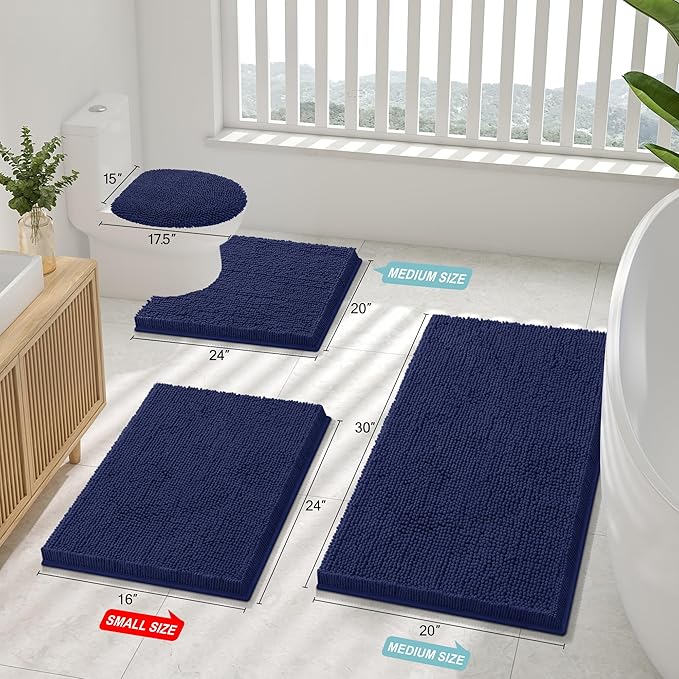 Smiry Luxury Chenille Bathroom Rugs 47x17, Extra Soft and Absorbent Shaggy Bath Mat, Machine Washable, Non-Slip Plush Carpet Runner for Tub, Shower, and Floor, Home Decor Accessories, Navy Blue