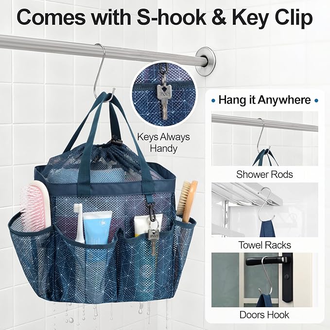 F-color Mesh Shower Caddy Portable with Drawstring - Upgrade Deeper 7 Pockets Dorm Room Essentials for Guys Girls with S Hook, Shower Bag Basket Tote for College Camping Gym Bathroom, Starlight Navy