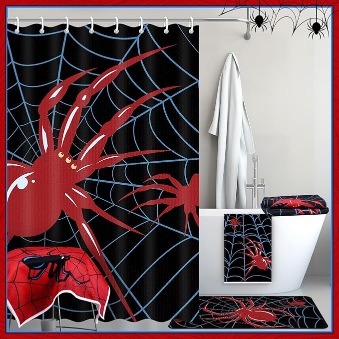 Nuanchu 6 Pcs Spider Shower Curtain Set with Rug Bathroom Sets with Shower Curtain Bath Mat U Shaped Mat Toilet Lid Cover 2 Bath Towels and 12 Hooks Spider Bathroom Decor