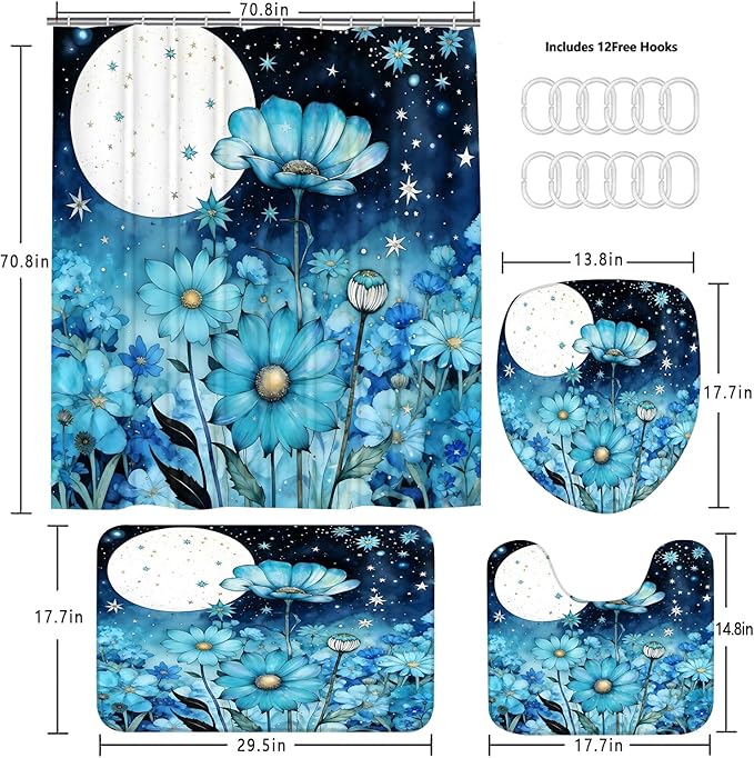 AZHM Blue Moonlit Floral Shower Curtain Set 4 PCS Starry Night Botanical Bathroom Decor Set with Non-Slip Rugs, Toilet Lid Cover and Bath Mat