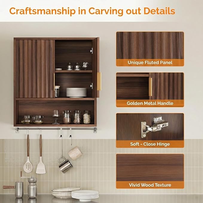 VINGLI Bathroom Wall Cabinet, Walnut Fluted Medicine Cabinet with Doors, Wall Mounted Storage Cabinet Over Toilet with Adjustable Shelf, Mid-Century Hanging Organizer for Kitchen, Laundry