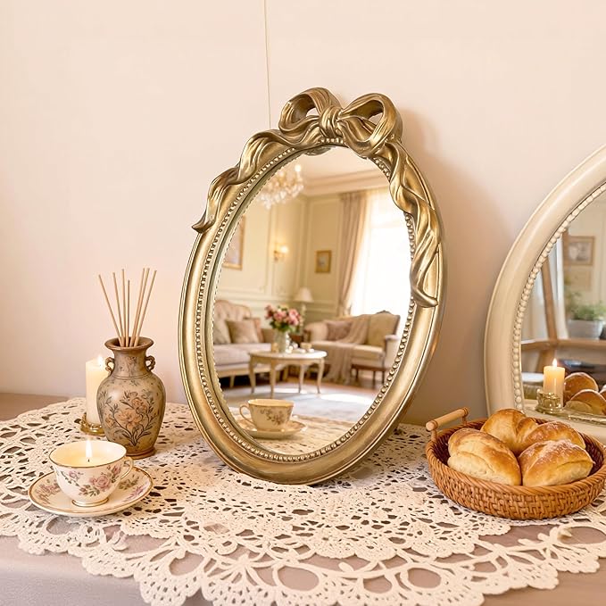 Vintage Vanity Desk Mirror - 13x10 Inch Wall-Mounted & Tabletop Decorative Ornate Champagne Gold Accent Retro Makeup Mirror for Bedroom Dresser Bathroom Living Room Dorm Oval