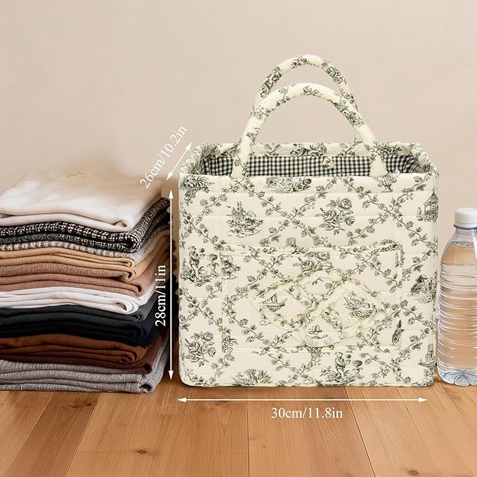 Quilted Fabric Basket Car Storage Basket Boho Floral Laundry Hamper for Nursery Bedroom & Living Room | Organize Clothes Toys