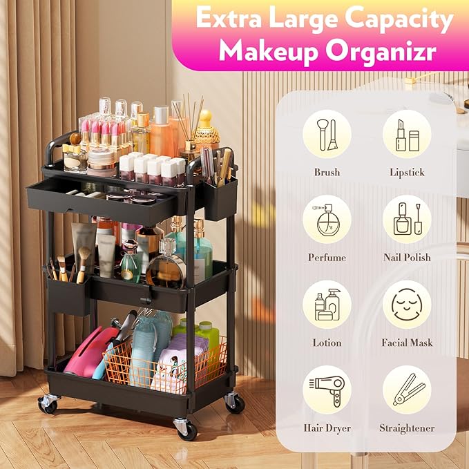 Makeup Cart Organizer with Drawers, Floor Skincare Organizers Vanity Storage Organizer, Rolling Makeup Bathroom Storage Cart Cosmetics Display Cases for Skin Care Perfume Nail Polish, Black