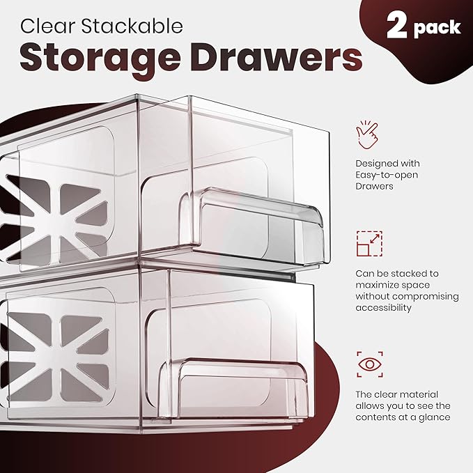 Oizeir Acrylic Drawer Organizer 2-Pack ?€? Clear Stackable Storage Drawers for Makeup, Skincare, Vanity, Bathroom, Under Sink, Kitchen & Office ?€? Non-Slip, Durable, Multi-Purpose Organizer Bins