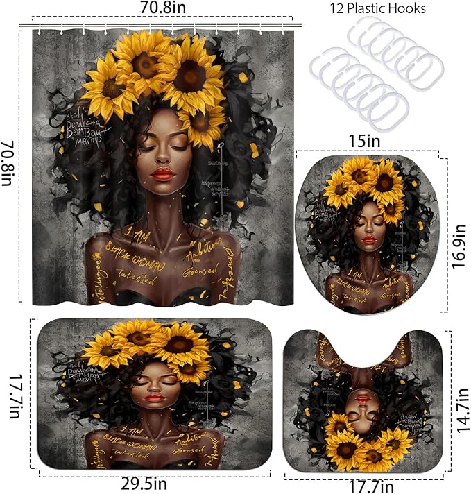 4 PCS Shower Curtain Set with Waterproof Shower Curtain, Non-Slip Bath Mat, Absorbent Rug, and Toilet Lid Cover, Inspirational Quote Afrcia American Black Queen Valentine's Day Bathroom Decor Set