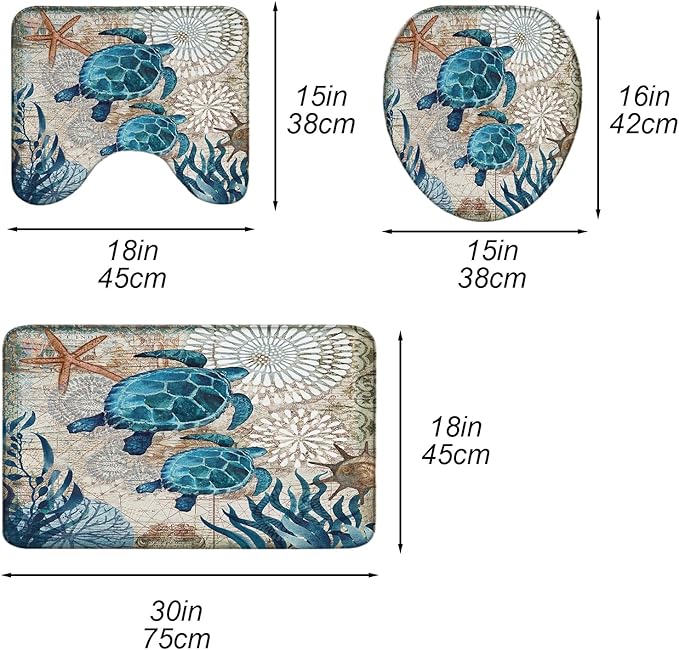 Sea Turtles Nautical Ocean Beach Bathroom Sets Starfish Coral Shower Curtain and 18 x 30 Rugs Bathroom Accessories Sets Decor with Bath Mat, Toilet Lid Cover, U-Shaped Contour and Hooks 72W x 72H Inch