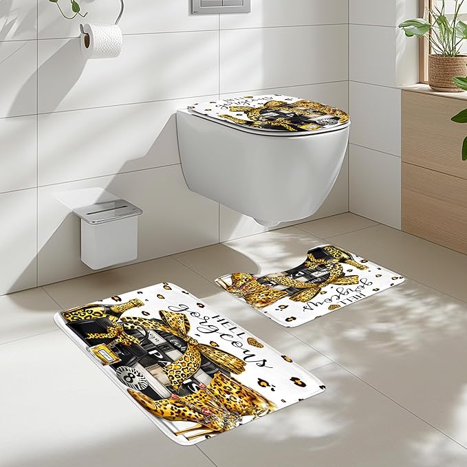 Cinbloo 4Pcs Gold Black Leopard Shower Curtain Set, Luxury Cheetah Bathroom Curtain with Rug, Toilet Lid Cover, Bath Mat, Fashion Magazine Books Perfume High Heels Girly Shower Curtain with 12 Hooks