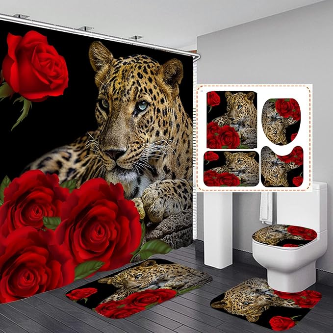Red Rose Cheetah Shower Curtain Cat Leopard Print Bath Curtain with 12 Hooks Romantic Flowers Bathroom Decor Curtain Set with Non-Slip Rugs, Toilet Lid Cover Bath Mat for Bathtubs (Red Rose Cheetah)