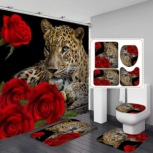 Red Rose Cheetah Shower Curtain Cat Leopard Print Bath Curtain with 12 Hooks Romantic Flowers Bathroom Decor Curtain Set with Non-Slip Rugs, Toilet Lid Cover Bath Mat for Bathtubs (Red Rose Cheetah)