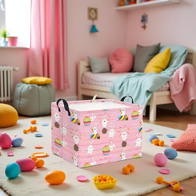 Rectangular Easter Basket Easter Basket for Kids Baby Storage Basket Cute Toy Storage Bin Organizer Shelf Book Basket Easter Room Decor(Line Easter Egg)