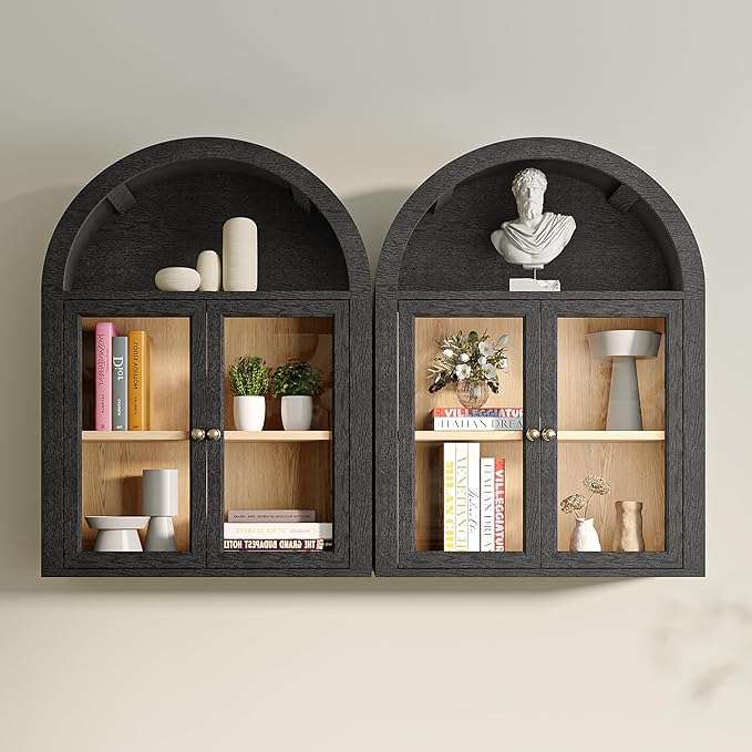 Furnaza Arched Wall Mounted Display Medicine Cabinets with Tempered Glass Doors and Adjustable Shelf for Bath or Living Room (Black, 24" W X2pcs)