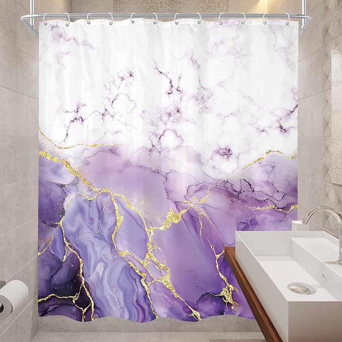 Cinbloo Purple Marble 60Wx72H Shower Curtain Abstract Lilac Gold Cracked Lines Modern Ombre Minimalist Simple Contemporary Luxury Bathroom Curtain Set Aesthetic Bath Bathroom Accessories Decor