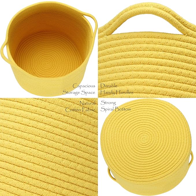 Sea Team Medium Size Cotton Rope Woven Storage Basket with Handles, Laundry Hamper, Trunk Organizer, Clothes Toys Bin for Kid's Room, 14 x 14 inches, Round Open Design, Yellow