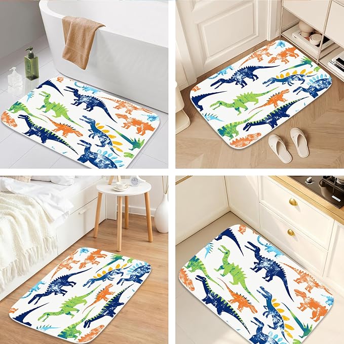 Colorful Cartoon Jurassic Dinosaur Bathroom Rugs Bath Mats Sets 3 Piece, Imitation Cashmere Kids Dino Bath Mat, Memory Foam U-Shaped Contour Shower Mat Non Slip Absorbent, Velvet Washable 20 x 31 inch