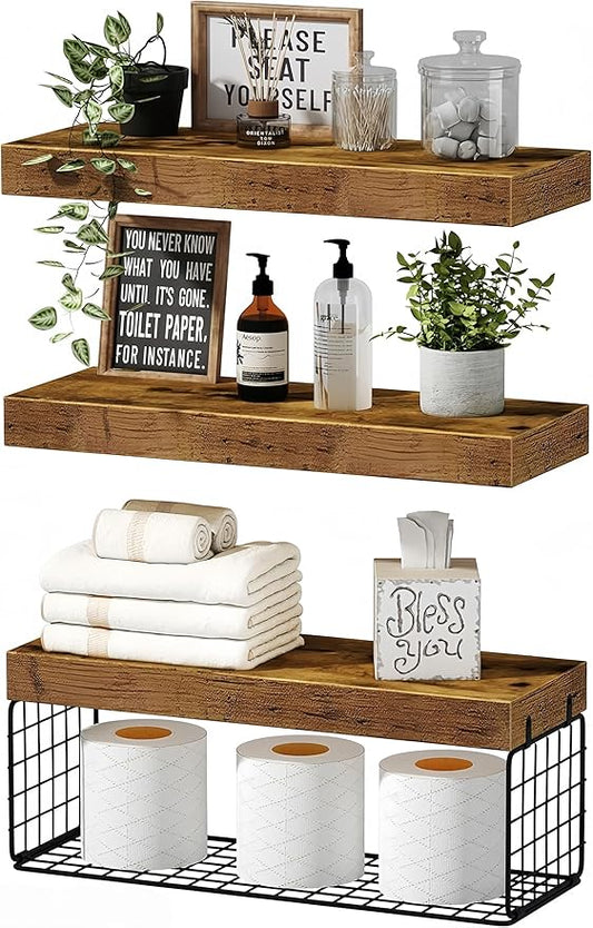 Bathroom Shelves Over Toilet - Heavy Duty Storage Rack, 25+ lbs Weight Capacity, Minimalist Design Wall Mounted Floating Shelves Toilet Paper Storage Farmhouse Decor Shelf 16 inch (Brown, General, 3)