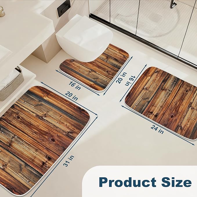 Rustic Farmhouse Wooden Board Print Bathroom Rugs and Mats Sets 3 Piece, Wood Western Country Bath Mat 20 x 31 in, Coral Velvet Memory Foam U-Shaped Contour Shower Mat Non Slip Absorbent