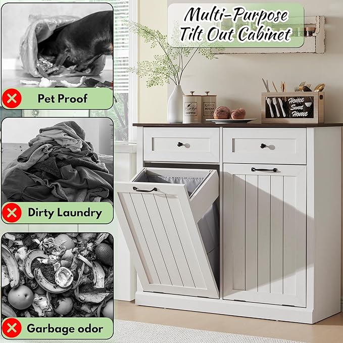 IFBUY Double Tilt Out Laundry Hamper Cabinet, 20 Gallon Farmhouse Trash Can Cabinet with Drawer, Hidden Wood Garbage Can Bin Cabinets with Laundry Storage Basket for Bathroom, Kitchen (Antique White)