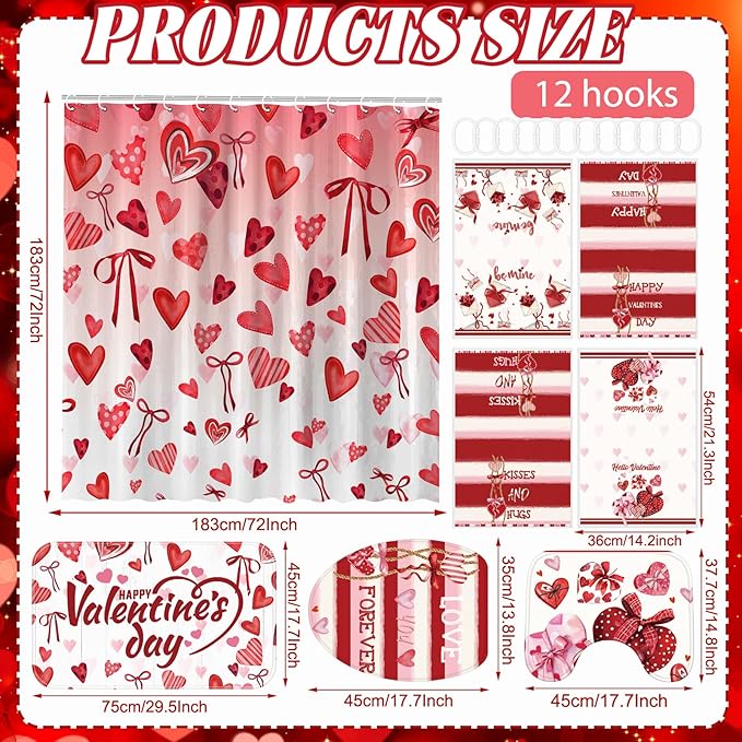 FuWeave 8 Pcs Valentines Shower Curtain Set Red Conversation Hearts Sweet Romantic Bathroom Decor Valentines Day Waterproof Shower Curtain Towels Non Slip Rug Toilet Lid Cover Bath Mat with 12 Hooks