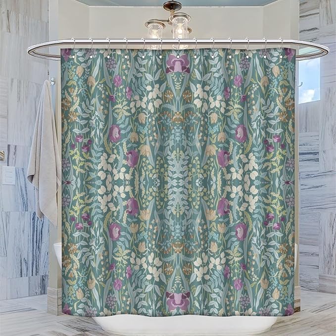 Vintage Botanical Shower Curtain William Morris Designs Green Jungle Fruit Print Shower Curtain Set Polyester Interior Waterproof Shower Curtain with 12 Hooks 72x72 Inches(183x183cm)