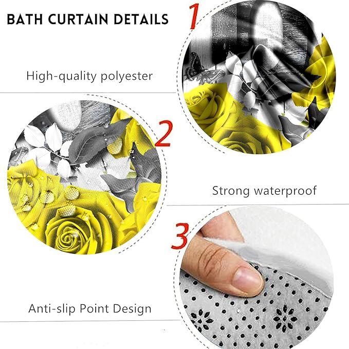 Yddsky Yellow Rose Valentines 4 Pcs Shower Curtain Sets Non-Slip Rugs Bath Mat Toilet Cover U Shaped Mat Romantic Yellow Bathroom Decor with 12 Hooks Valentines Day Bathroom Set