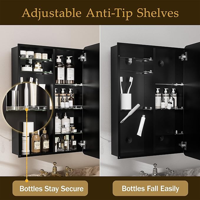 Medicine Cabinet with Mirror 20x30 Inch, Black Aluminum Bathroom Cabinet Recessed or Surface Mount, 8 Adjustable Shelves with Anti Tip Acrylic Guards, Rust Proof Wall Mirror for Vanity
