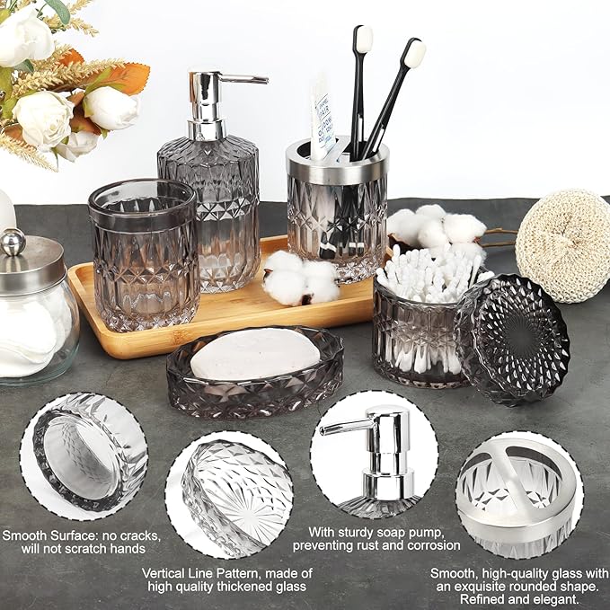 Glass Bathroom Accessories Set - 5Pcs Toothbrush Holder Set with Tumbler, Soap Dish & Cotton Swab Jar - Black and Clear Bathroom Accessories for Organised Space, Vintage Gift