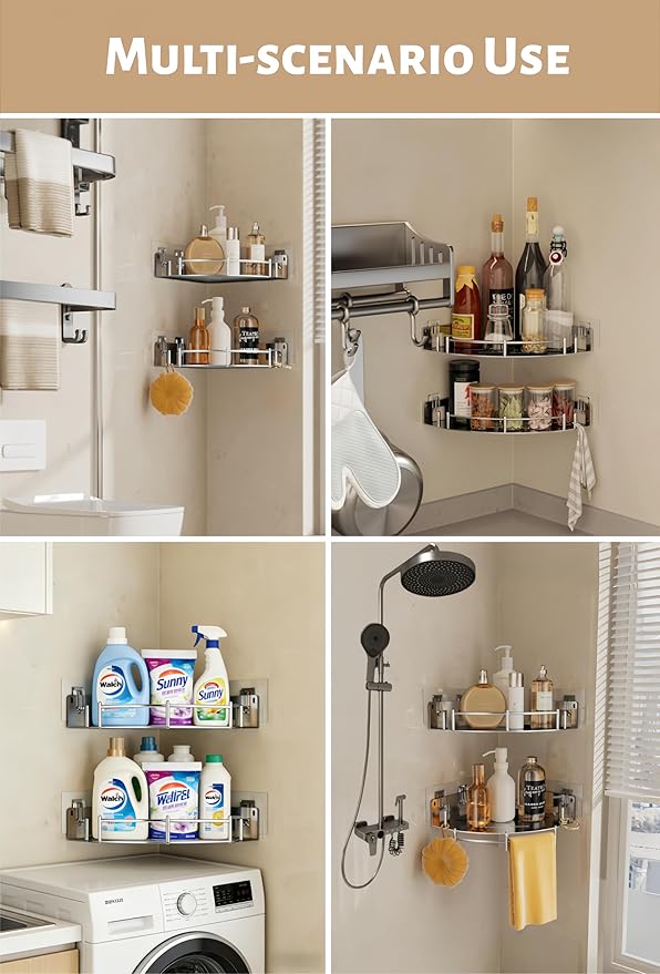 Corner Shower Caddy, Stainless Steel 304, Integrated Molding Bathroom Shelves, Wall Mounted Shower Organizer with Nail Free Adhesive, Suit for Corner Storage Racks in Bath Kitchen(2 Pack)