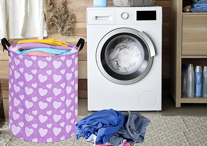 Round Valentine's Heart Pattern Laundry Hamper Clothes Storage Basket Fabric Storage Hamper Organization Storage Bin, Nursery Box,Gift Basket with Handles