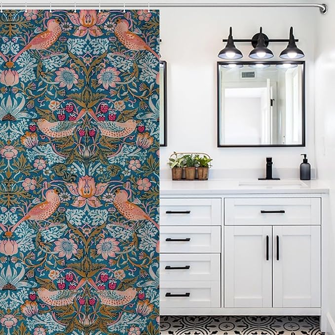 William Morris Shower Curtain,Original Design Vintage Flower Birds Strawberry Thief Pattern Print Shower Curtains Sets Polyester Waterproof Fabric Decor Bathroom Curtain 72"×78" Inch With 12 Hooks