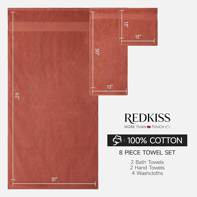 REDKISS 8 Piece Orange Towels Set - 100% Cotton Towels Set with 2 Large Bath Towels, 2 Hand, 4 Washcloths, 600 GSM Highly Absorbent Bath Towel Sets, Orange Quick Dry Shower Towel for Family Dorm Gym