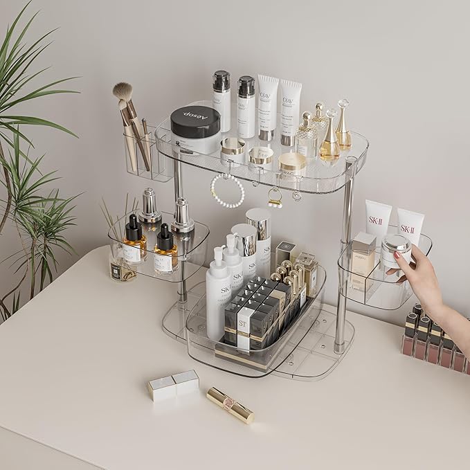 Clear Acrylic Makeup Organizer, Multi-Tier Cosmetic Storage Rack with Side Containers, Large Capacity Skincare Holder for Bathroom Counter, Vanity & Desk