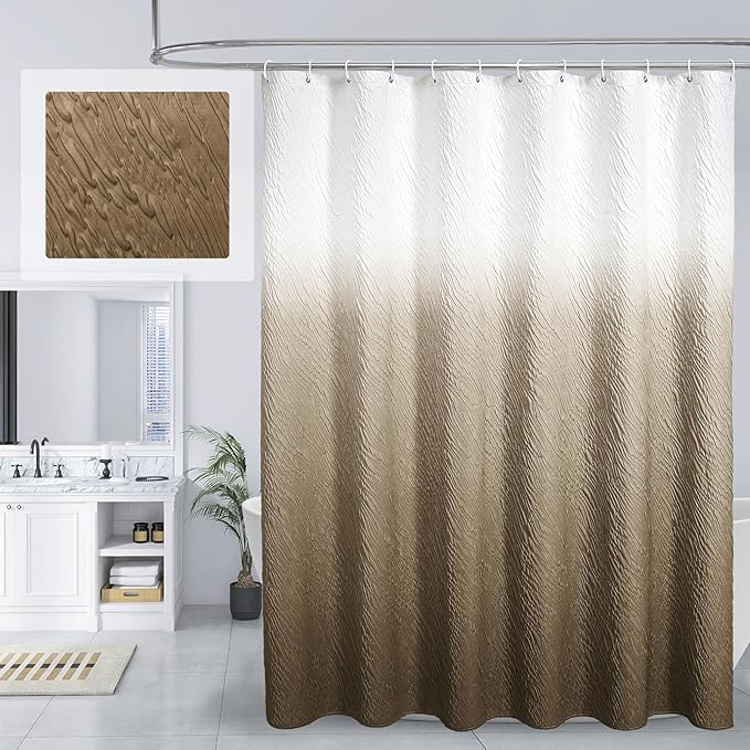 MitoVilla Brown Ombre Shower Curtain Set with Hooks, Waves Textured Fabric Shower Curtains for Modern Luxury Bathroom Decor, 3D Marble Geometric Embossed Cloth Bathroom Shower Curtain, 72 x 72