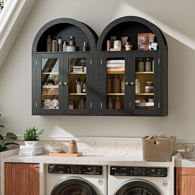 BREEZEHEAT Arched Medicine Cabinet with Glass Doors, Adjustable Shelf, Wall Mounted Bathroom Storage Cabinet Over Toilet, Black Wood Grain, 23.6''W × 31.5''H