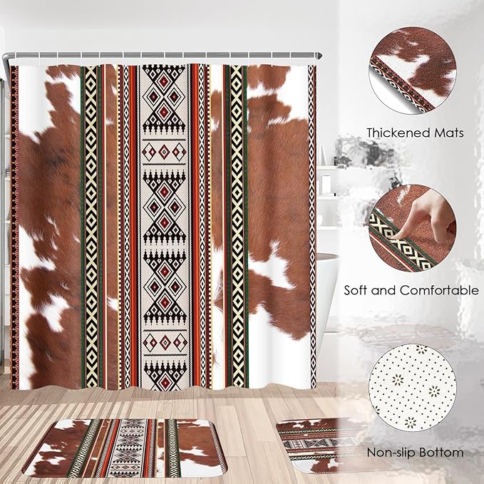Pamnest 4 Pcs Shower Curtain Sets, Cowhide Cow Brown Waterproof Bathroom Sets with Non-Slip Rugs, Toilet Lid Cover and Bath Mat, Accessories Modern Home Bathroom Decor 72" X 72"