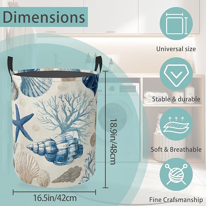 Laundry Basket With Handle, Dirty Clothes Laundry Hamper, Oxford Cloth Bin Storage Organizer for Toy Collection (Starfish Shells Summer)