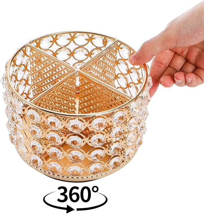 Hedume Crystal Vanity Organizer with 4 Compartments, 360 Degree Rotating Makeup Brush Holder, 4-Slot Glitter Gold Spinning Cosmetic Brushes Display Multi-Functional Desk Organizer Home Decor