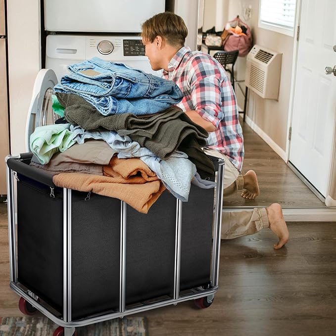 Commercial Laundry Cart with Wheels, 400L Large Rolling Laundry Cart with Steel Frame and Oxford Cloth, Heavy Duty Industrial Laundry Cart for Home,Hotel,Laundry Room, 441 lbs Load (Black-8)
