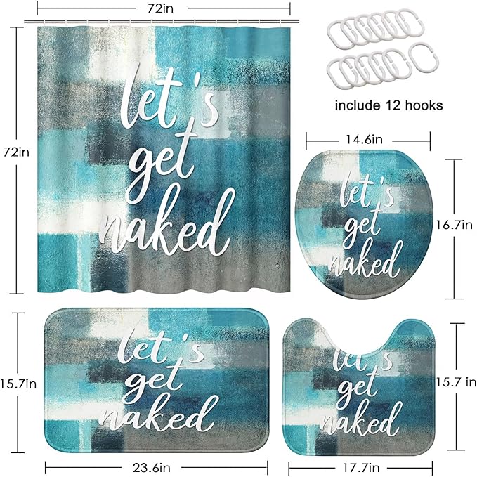 ArtSocket 4PC Let's Get Naked Turquoise Teal Painting Art Modern Abstract Shower Curtain Sets Bathroom Decor with Rugs, Non-Slip Rug,Toilet Lid Cover, Bath Mat and 12 Hooks 72x72 inches