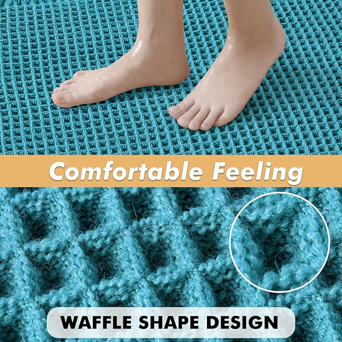 MIULEE Set of 2 Waffle Bathroom Rugs, Boho Bath Rugs Non Slip Washable, Super Absorbent Bath Mats, Ultra Soft Rubber Backed Shower Mats for Bathroom Floor, Tub, Teal, 17"x24"+18"x30"