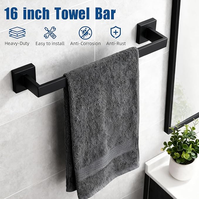 Matte Black Bathroom Hardware Set 6-Piece, Stainless Steel Black Bathroom Accessories, 16" Towel Bar, Toilet Paper Holder with Shelf, 2 Towel Rings & 2 Heavy-Duty Hooks, Wall Mounted for Bathroom