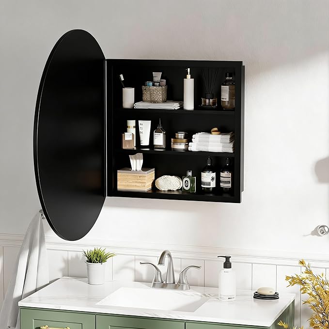 Round Bathroom Medicine Cabinet with Mirror,Wall Mounted Vanity Mirror with Adjustable Shelves Metal Storage Cabinet for Bathroom Bedroom (No Assembly Required) Black 20.5 * 20.5''