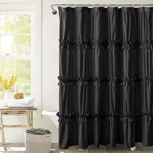 Farmhouse Ruffle Shower Curtain with Handmade Ruched, Vintage Ruffled Fabric Bathroom Curtains, Decorative Elegant Bathroom Curtain with 12 Holes, Black, 72" W x 72" H(N60049)