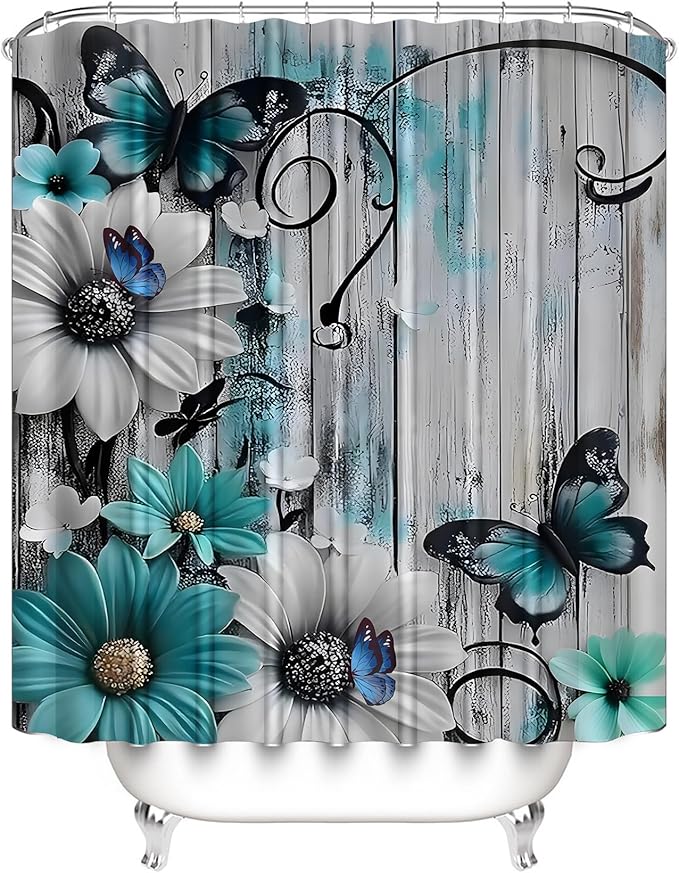 AZHM Relief Daisies and Butterflies Shower Curtain Set 4pcs Rustic Farmhouse Bathroom Decor Set with Shower Curtain and Rugs and Accessories